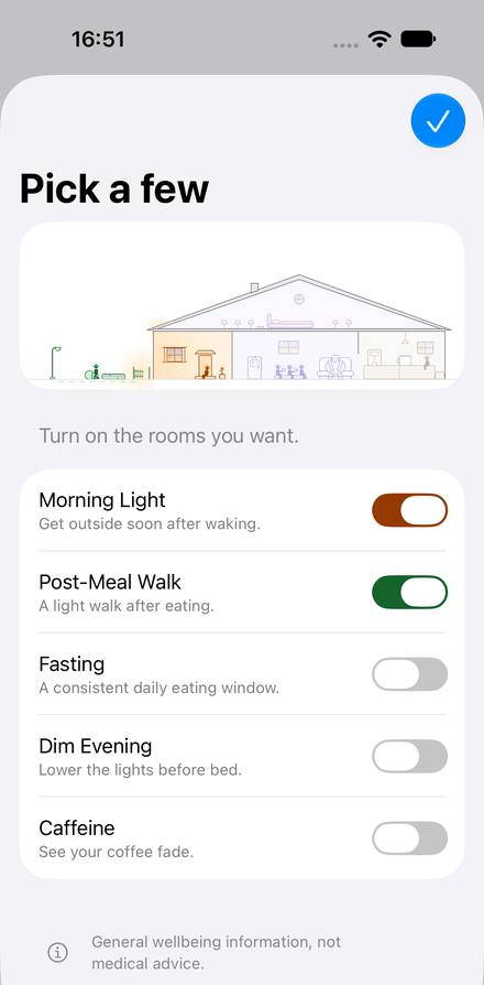 The first run, titled “Pick a few”. A drawing of the whole house with the porch and the garden path lit, above five switches: Morning Light and Post-Meal Walk on; Fasting, Dim Evening and Caffeine off. At the bottom: “General wellbeing information, not medical advice.”