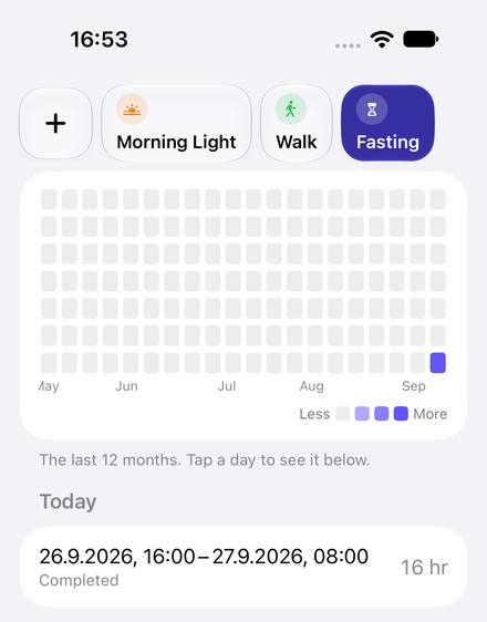 The History screen: chips for adding a session, Morning Light, Walk and Fasting (selected), above a year grid of days from May to September with one completed day, and a list with one 16-hour fast.