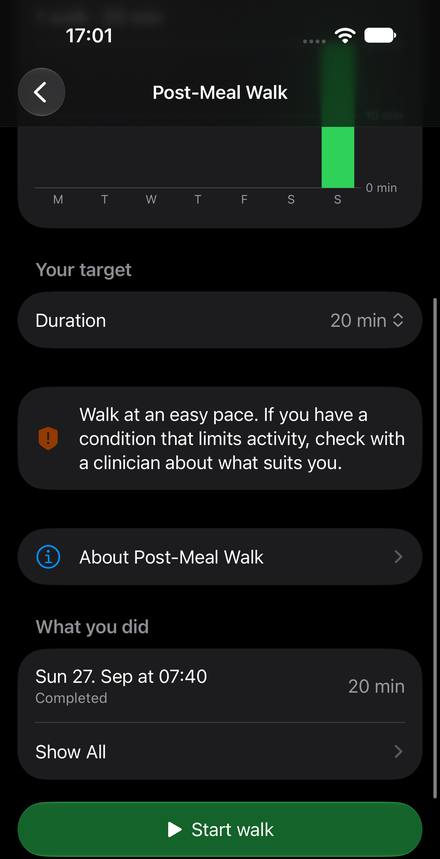 The Post-Meal Walk screen in dark appearance: the last seven days with one walk, a 20-minute target, a note to walk at an easy pace and check with a clinician if a condition limits activity, a row “About Post-Meal Walk”, one completed walk and a Start walk button.