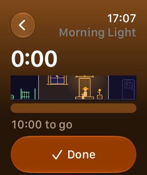 Apple Watch running Morning Light: the timer at 0:00, a strip of the porch with a crew member on the step, 10 minutes to go and a Done button.