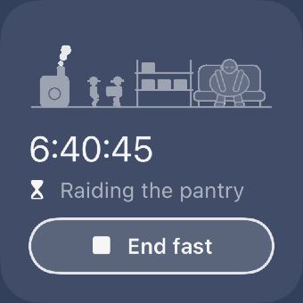 The same small widget in the clear appearance: the kitchen drawn in white lines over glass, the timer, “Raiding the pantry” and an outlined End fast button.