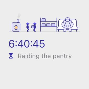The small widget in full colour: the kitchen with the crew raiding the pantry, a fast timer at 6:40:45 and “Raiding the pantry”.